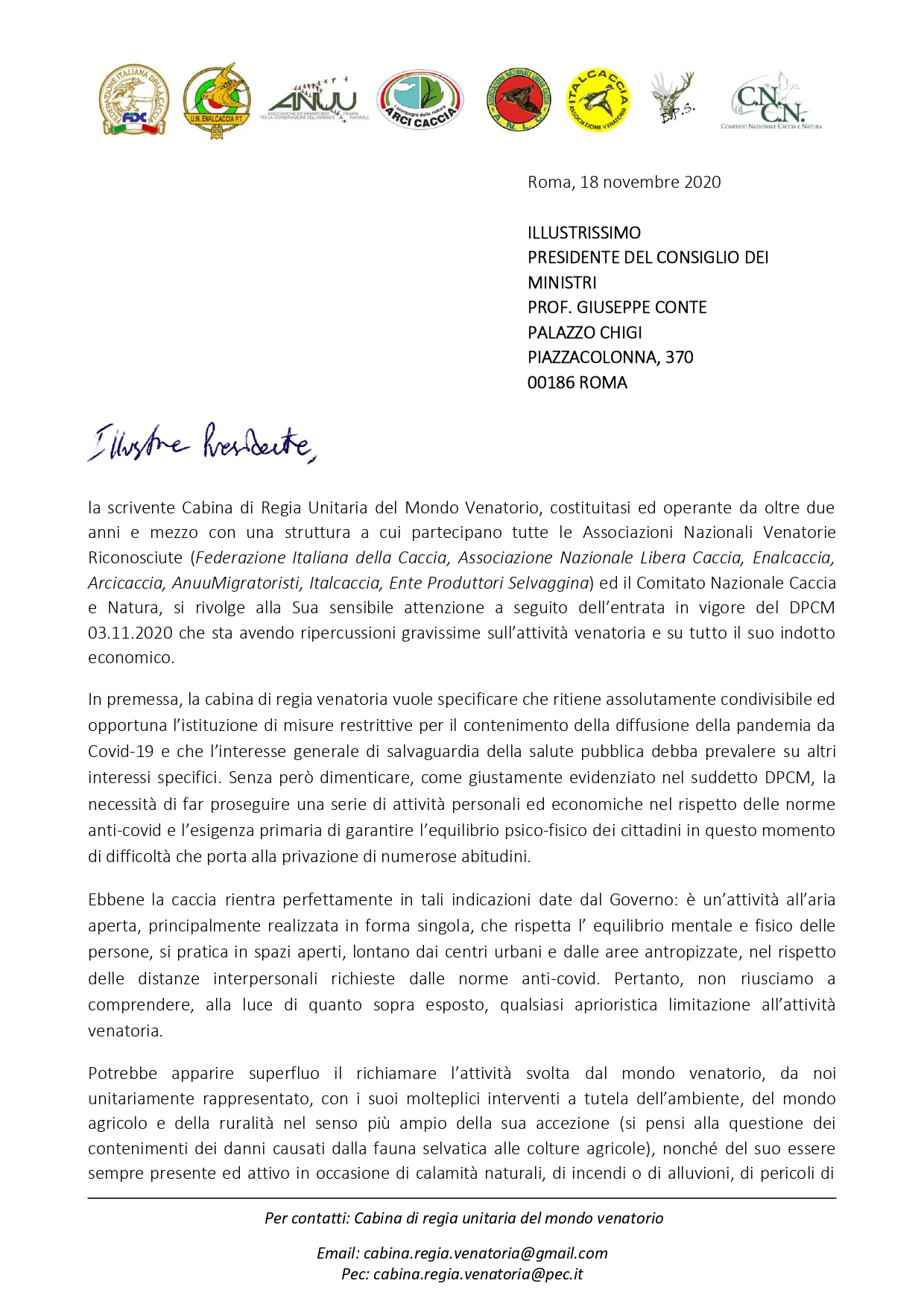 85 lettera al Presidente Consiglio CONTE Dpcm 3.11.2020 page 0001